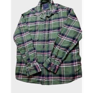 Heavyweight Flannel Shirt Green Plaid Button Long Sleeve w/ Pockets Mens M #429C